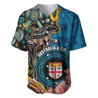 Fiji and Australia Kangaroos Baseball Jersey Indigenous Aboriginal and Fijian Masi Tribal Tattoo LT03 Blue - Polynesian Pride