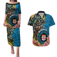Fiji and Australia Kangaroos Couples Matching Puletasi and Hawaiian Shirt Indigenous Aboriginal and Fijian Masi Tribal Tattoo LT03 Blue - Polynesian Pride