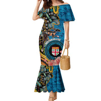 Fiji and Australia Kangaroos Family Matching Mermaid Dress and Hawaiian Shirt Indigenous Aboriginal and Fijian Masi Tribal Tattoo LT03 Mom's Dress Blue - Polynesian Pride