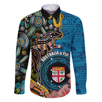 Fiji and Australia Kangaroos Family Matching Puletasi and Hawaiian Shirt Indigenous Aboriginal and Fijian Masi Tribal Tattoo LT03 Dad's Shirt - Long Sleeve Blue - Polynesian Pride