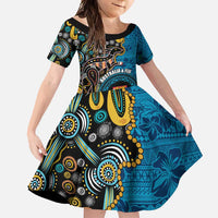 Fiji and Australia Kangaroos Family Matching Summer Maxi Dress and Hawaiian Shirt Indigenous Aboriginal and Fijian Masi Tribal Tattoo LT03 Daughter's Dress Blue - Polynesian Pride