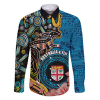 Fiji and Australia Kangaroos Family Matching Summer Maxi Dress and Hawaiian Shirt Indigenous Aboriginal and Fijian Masi Tribal Tattoo LT03 Dad's Shirt - Long Sleeve Blue - Polynesian Pride