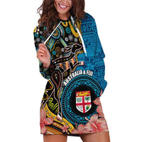 Fiji and Australia Kangaroos Hoodie Dress Indigenous Aboriginal and Fijian Masi Tribal Tattoo LT03 Blue - Polynesian Pride