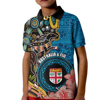 Fiji and Australia Kangaroos Kid Polo Shirt Indigenous Aboriginal and Fijian Masi Tribal Tattoo LT03 Kid Blue - Polynesian Pride