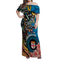Fiji and Australia Kangaroos Off Shoulder Maxi Dress Indigenous Aboriginal and Fijian Masi Tribal Tattoo LT03 Women Blue - Polynesian Pride