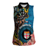Fiji and Australia Kangaroos Women Sleeveless Polo Shirt Indigenous Aboriginal and Fijian Masi Tribal Tattoo LT03 Female Blue - Polynesian Pride