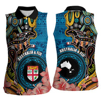 Fiji and Australia Kangaroos Women Sleeveless Polo Shirt Indigenous Aboriginal and Fijian Masi Tribal Tattoo LT03 - Polynesian Pride