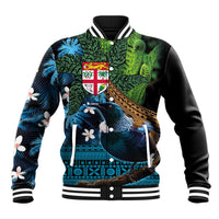 Fiji and New Zealand Tui Bird Baseball Jacket Koru Fern Leafs and Palm Tree With Plumeria LT03 Unisex Blue - Polynesian Pride