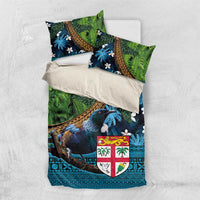 Fiji and New Zealand Tui Bird Bedding Set Koru Fern Leafs and Palm Tree With Plumeria LT03 US Twin 172cm x 218cm Blue - Polynesian Pride