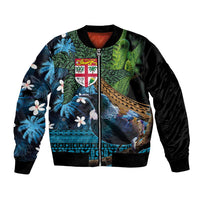 Fiji and New Zealand Tui Bird Bomber Jacket Koru Fern Leafs and Palm Tree With Plumeria LT03 Unisex Blue - Polynesian Pride