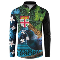 Fiji and New Zealand Tui Bird Button Sweatshirt Koru Fern Leafs and Palm Tree With Plumeria LT03 Blue - Polynesian Pride