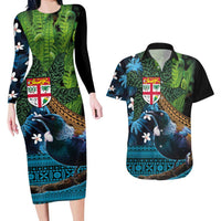 Fiji and New Zealand Tui Bird Couples Matching Long Sleeve Bodycon Dress and Hawaiian Shirt Koru Fern Leafs and Palm Tree With Plumeria LT03 Blue - Polynesian Pride
