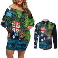 Fiji and New Zealand Tui Bird Couples Matching Off Shoulder Short Dress and Long Sleeve Button Shirt Koru Fern Leafs and Palm Tree With Plumeria LT03 Blue - Polynesian Pride