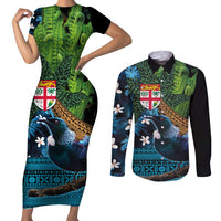 Fiji and New Zealand Tui Bird Couples Matching Short Sleeve Bodycon Dress and Long Sleeve Button Shirt Koru Fern Leafs and Palm Tree With Plumeria LT03 Blue - Polynesian Pride
