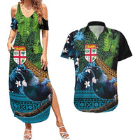 Fiji and New Zealand Tui Bird Couples Matching Summer Maxi Dress and Hawaiian Shirt Koru Fern Leafs and Palm Tree With Plumeria LT03 Blue - Polynesian Pride