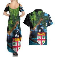 Fiji and New Zealand Tui Bird Couples Matching Summer Maxi Dress and Hawaiian Shirt Koru Fern Leafs and Palm Tree With Plumeria LT03 - Polynesian Pride