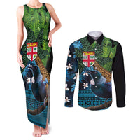Fiji and New Zealand Tui Bird Couples Matching Tank Maxi Dress and Long Sleeve Button Shirt Koru Fern Leafs and Palm Tree With Plumeria LT03 Blue - Polynesian Pride