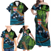 Fiji and New Zealand Tui Bird Family Matching Off Shoulder Maxi Dress and Hawaiian Shirt Koru Fern Leafs and Palm Tree With Plumeria LT03 - Polynesian Pride