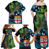 Fiji and New Zealand Tui Bird Family Matching Off Shoulder Maxi Dress and Hawaiian Shirt Koru Fern Leafs and Palm Tree With Plumeria LT03 - Polynesian Pride