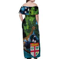 Fiji and New Zealand Tui Bird Family Matching Off Shoulder Maxi Dress and Hawaiian Shirt Koru Fern Leafs and Palm Tree With Plumeria LT03 - Polynesian Pride