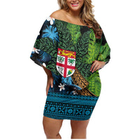 Fiji and New Zealand Tui Bird Family Matching Off Shoulder Short Dress and Hawaiian Shirt Koru Fern Leafs and Palm Tree With Plumeria LT03 Mom's Dress Blue - Polynesian Pride