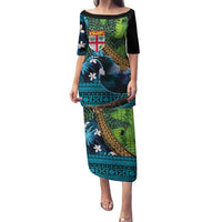 Fiji and New Zealand Tui Bird Family Matching Puletasi and Hawaiian Shirt Koru Fern Leafs and Palm Tree With Plumeria LT03 Mom's Dress Blue - Polynesian Pride