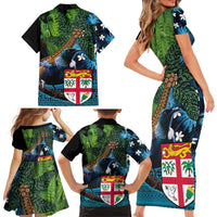 Fiji and New Zealand Tui Bird Family Matching Short Sleeve Bodycon Dress and Hawaiian Shirt Koru Fern Leafs and Palm Tree With Plumeria LT03 - Polynesian Pride