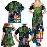 Fiji and New Zealand Tui Bird Family Matching Summer Maxi Dress and Hawaiian Shirt Koru Fern Leafs and Palm Tree With Plumeria LT03 - Polynesian Pride