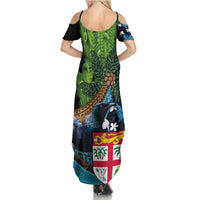 Fiji and New Zealand Tui Bird Family Matching Summer Maxi Dress and Hawaiian Shirt Koru Fern Leafs and Palm Tree With Plumeria LT03 - Polynesian Pride