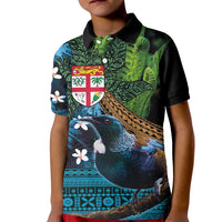 Fiji and New Zealand Tui Bird Kid Polo Shirt Koru Fern Leafs and Palm Tree With Plumeria LT03 Kid Blue - Polynesian Pride