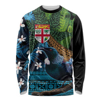 Fiji and New Zealand Tui Bird Long Sleeve Shirt Koru Fern Leafs and Palm Tree With Plumeria LT03 Unisex Blue - Polynesian Pride