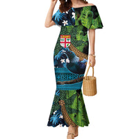 Fiji and New Zealand Tui Bird Mermaid Dress Koru Fern Leafs and Palm Tree With Plumeria LT03 Women Blue - Polynesian Pride