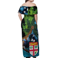 Fiji and New Zealand Tui Bird Off Shoulder Maxi Dress Koru Fern Leafs and Palm Tree With Plumeria LT03 - Polynesian Pride