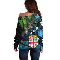 Fiji and New Zealand Tui Bird Off Shoulder Sweater Koru Fern Leafs and Palm Tree With Plumeria LT03 - Polynesian Pride