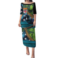 Fiji and New Zealand Tui Bird Puletasi Koru Fern Leafs and Palm Tree With Plumeria LT03 Long Dress Blue - Polynesian Pride