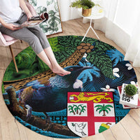 Fiji and New Zealand Tui Bird Round Carpet Koru Fern Leafs and Palm Tree With Plumeria LT03 - Polynesian Pride