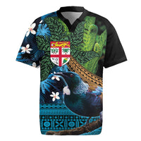 Fiji and New Zealand Tui Bird Rugby Jersey Koru Fern Leafs and Palm Tree With Plumeria LT03 Blue - Polynesian Pride
