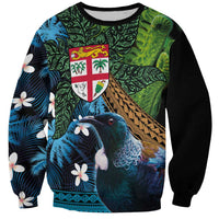 Fiji and New Zealand Tui Bird Sweatshirt Koru Fern Leafs and Palm Tree With Plumeria LT03 Unisex Blue - Polynesian Pride
