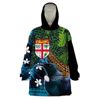 Fiji and New Zealand Tui Bird Wearable Blanket Hoodie Koru Fern Leafs and Palm Tree With Plumeria LT03 One Size Blue - Polynesian Pride