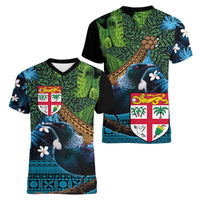 Fiji and New Zealand Tui Bird Women V-Neck T-Shirt Koru Fern Leafs and Palm Tree With Plumeria LT03 - Polynesian Pride