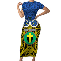 Personalised Vanuatu Tafea Province Family Matching Short Sleeve Bodycon Dress and Hawaiian Shirt Pig Tusk Mix Maori Pattern and Namele Leaf LT03 Mom's Dress Blue - Polynesian Pride