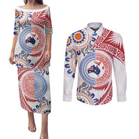 Tongan and Australian Culture Together Couples Matching Puletasi and Long Sleeve Button Shirt Ngatu Art Tribal Aboriginal Tattoo Pattern LT03 White - Polynesian Pride