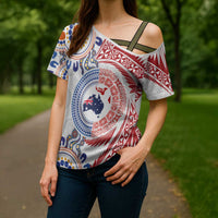 Tongan and Australian Culture Together Cross Shoulder Shirt Ngatu Art Tribal Aboriginal Tattoo Pattern LT03 - Polynesian Pride