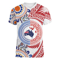 Tongan and Australian Culture Together Women V-Neck T-Shirt Ngatu Art Tribal Aboriginal Tattoo Pattern LT03 Female White - Polynesian Pride