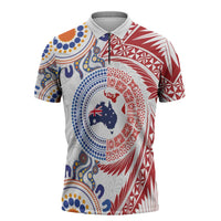 Tongan and Australian Culture Together Zipper Polo Shirt Ngatu Art Tribal Aboriginal Tattoo Pattern LT03 White - Polynesian Pride