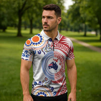 Tongan and Australian Culture Together Zipper Polo Shirt Ngatu Art Tribal Aboriginal Tattoo Pattern LT03 - Polynesian Pride