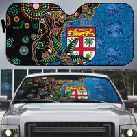 Fijian and Australian Culture Together Auto Sun Shade Aboriginal Art and Tapa Motifs with Kangaroo and Palm Tree LT03 Black - Polynesian Pride
