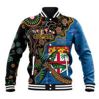 Fijian and Australian Culture Together Baseball Jacket Aboriginal Art and Tapa Motifs with Kangaroo and Palm Tree LT03 Unisex Black - Polynesian Pride
