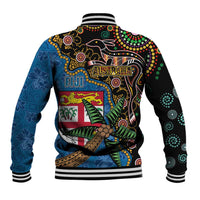 Fijian and Australian Culture Together Baseball Jacket Aboriginal Art and Tapa Motifs with Kangaroo and Palm Tree LT03 - Polynesian Pride