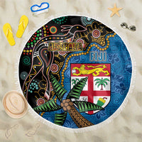 Fijian and Australian Culture Together Beach Blanket Aboriginal Art and Tapa Motifs with Kangaroo and Palm Tree LT03 One Size 150cm Black - Polynesian Pride
